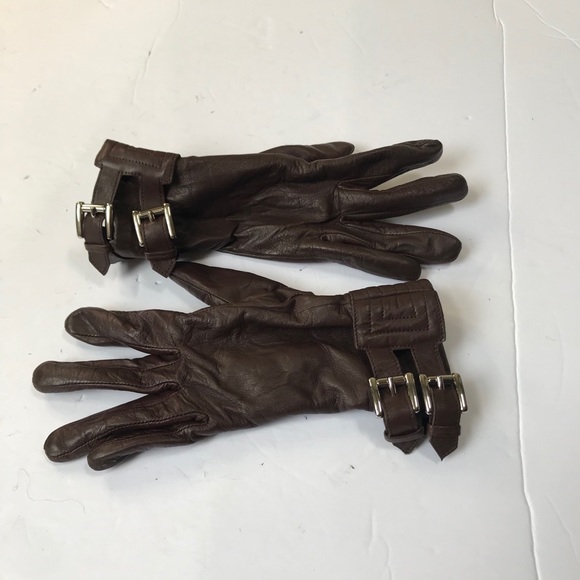 Michael Kors Moto Leather Gloves Buckles Lined Silver Hardware Small Brown Lined - Picture 5 of 11